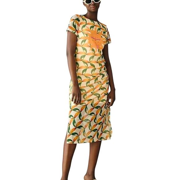Farm Rio Mesh Midi Dress S Yellow Green Orange Sun Print Pockets Ruch Slits Line - Picture 1 of 16